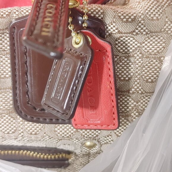 Coach Poppy Signature Handbag Satchel Oxford Khaki Mahogany Patent Leather Trim - Picture 2 of 16